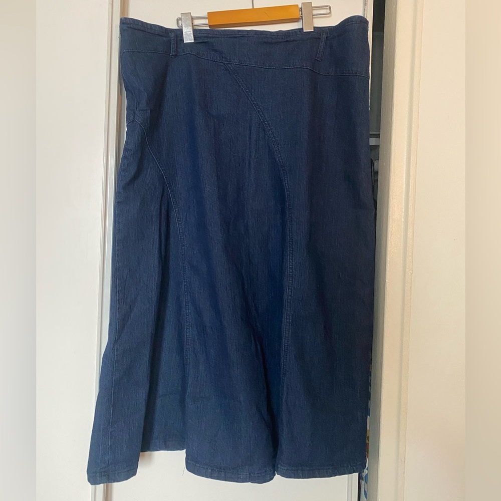 Y2K stretch denim midi A line skirt, assymetric stich detailing, size 16/18